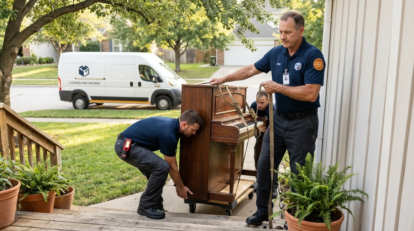 Licensed piano movers securing grand piano in Syracuse, NE