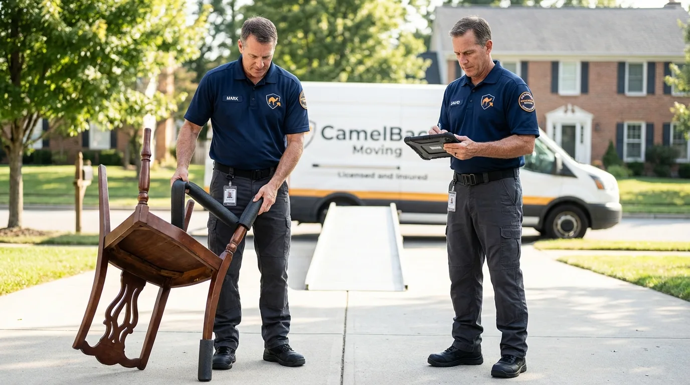 Movers inspecting furniture for damage prevention before loading in Syracuse, NE